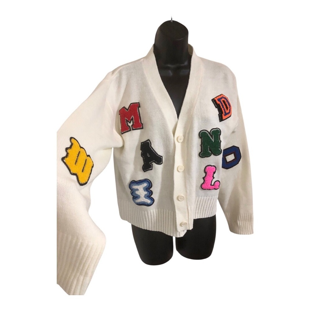 Offwhite varsity letters tufted embroidered knit cardigan sweater size large new